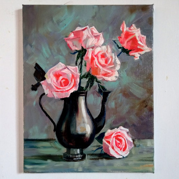 DariaRiabininaSpain, peinture à l'huile de roses, fleurs originales, toile murale, empâtement, peinture, petite peinture à l'huile 23 x 30 cm par DariaRiabininaSpain