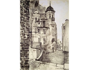 Croquis de Londres, oeuvre d'art originale en noir et blanc, dessin d'architecture, dessin d'art médiéval, croquis de paysage de 5,5 x 20 pouces par DariaRiabininaSpain