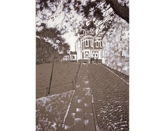 Tallinn Medieval Architecture Ink Drawing: Black and White Landscape Art (8x11.5)