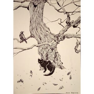 Rysunek linii kota i drzewa: Oryginalny szkic pejzażu piórem i tuszem (8x11)