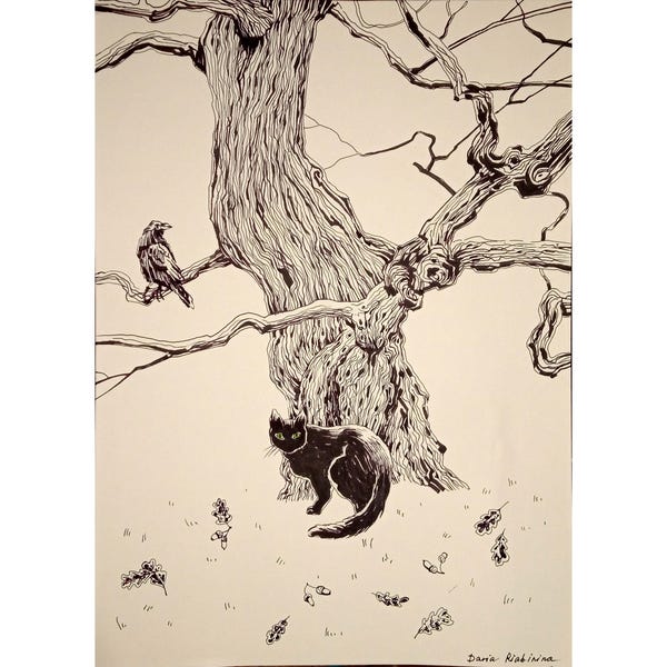 Cat and Tree Line Drawing: Original Pen & Ink Landscape Sketch (8x11)