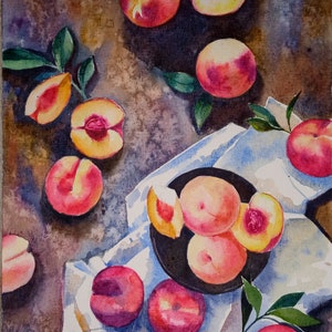 Peach Painting Original Watercolor Still Life Fruit Painting Small Painting 8 by 11.5 inches by DariaRiabininaSpain image 6