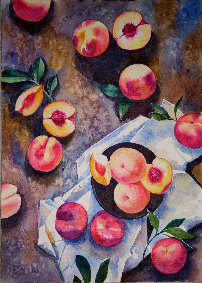 Peach Painting Original Watercolor Still Life Fruit Painting Small Painting 8 by 11.5 inches by DariaRiabininaSpain image 6