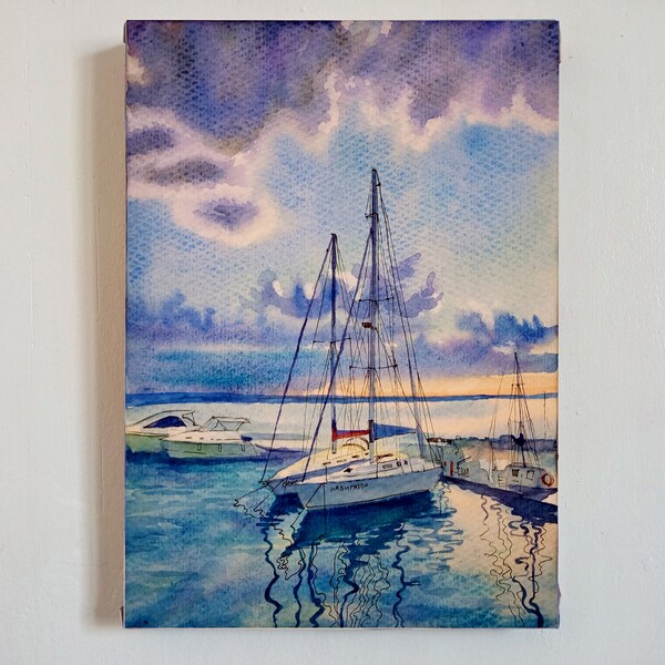 Ocean Painting Nautical Original Watercolor Sailboat Small Painting Seascape Painting Home Wall Art 8 by 11 inches by DariaRiabininaSpain