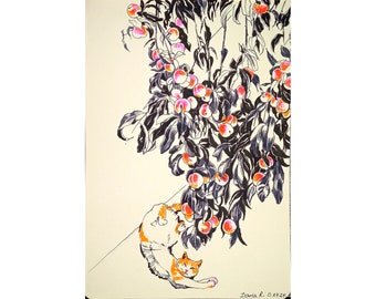 Cat Line Drawing Fruit Tree Sketch Art Originele kunstwerken Pen en inkt tekenen landschap perzik schilderij 5,5 bij 8 inch door DariaRiabininaSpain