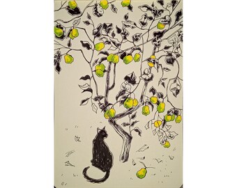 Lemon Tree Sketch Art Original Cat Artwork Pen and Ink Drawing  Landscape Sketch Fruit Tree 5.5 by 8 inches by DariaRiabininaSpain