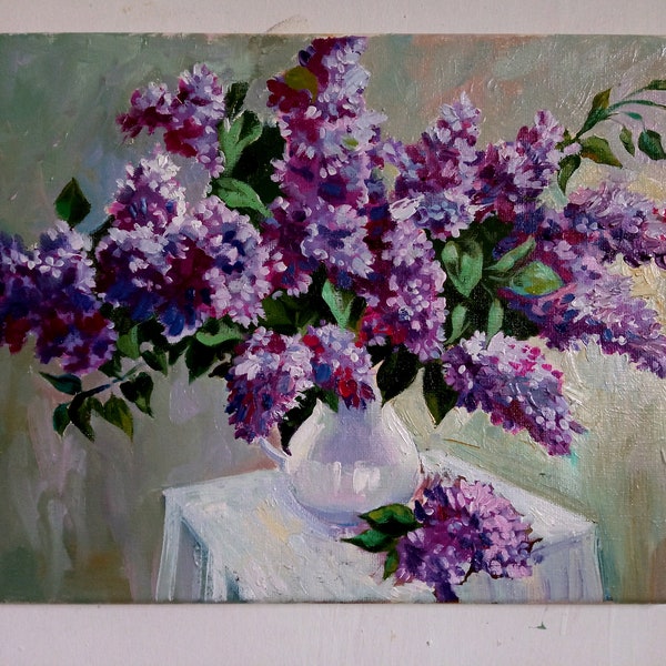 Peinture empâtement lilas violet toile art mural peinture à l'huile originale fleurs 30 x 9 pouces par DariaRiabininaSpain