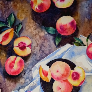 Peach Painting Original Watercolor Still Life Fruit Painting Small Painting 8 by 11.5 inches by DariaRiabininaSpain image 3