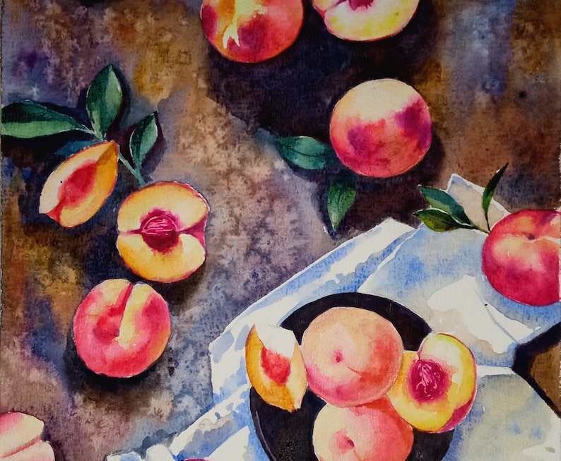 Peach Painting Original Watercolor Still Life Fruit Painting Small Painting 8 by 11.5 inches by DariaRiabininaSpain image 3