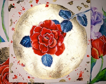 Red Rose Painting Original Watercolor Floral Painting Gold Wall Art Small Painting 8 by 8 inches by DariaRiabininaSpain