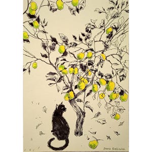May include: Black and white ink drawing of a cat sitting under a tree with yellow and green fruit. The artist's signature, "Daria Rabichkina", is in the bottom right corner.