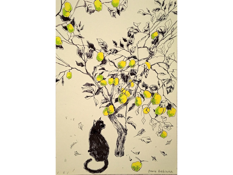 May include: Black and white ink drawing of a cat sitting under a tree with yellow and green fruit. The artist's signature, "Daria Rabichkina", is in the bottom right corner.