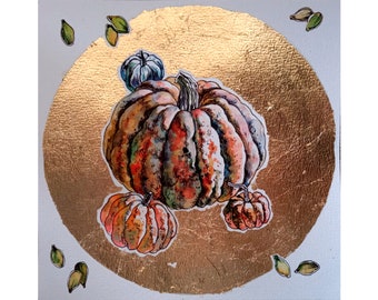 Pumpkin Painting Original Watercolor Still Life Gold Art Small Painting 8 by 8 inches by DariaRiabininaSpain