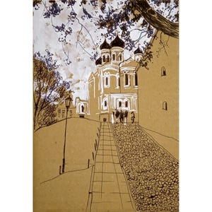 Original Tusche Architektur Zeichnung: Schwarz-Weiß Landschafts-Skizze (20x30cm)