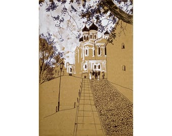 Original Ink Architecture Drawing: Black and White Landscape Sketch (8x11.5 inches)