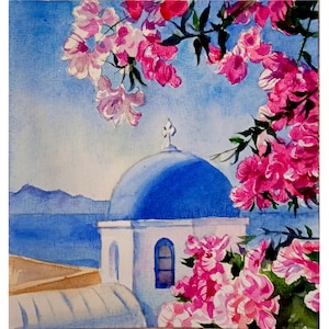 Grecia Dipinto Originale Acquerello Oceano Dipinto Fiori Paesaggio Dipinto Paesaggio Marino Dipinto 8 x 8,5 pollici di DariaRiabiinaSpain