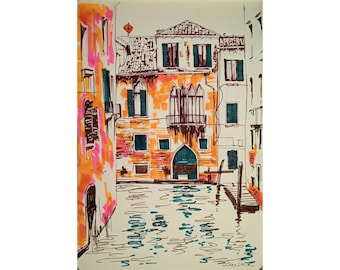 Venice Italy Wall Art Sketch Art Original Pen and Ink Drawing Landscape Sketch Black and White 5.5 by 8 inches by DariaRiabininaSpain