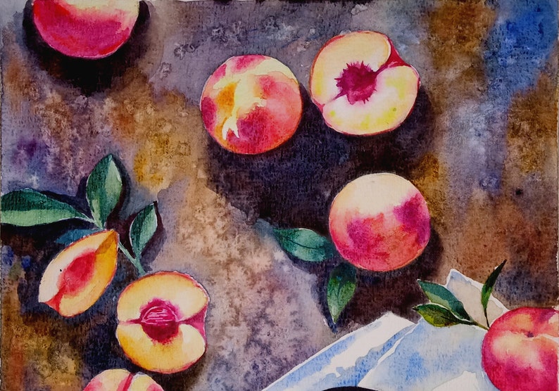 Peach Painting Original Watercolor Still Life Fruit Painting Small Painting 8 by 11.5 inches by DariaRiabininaSpain image 2