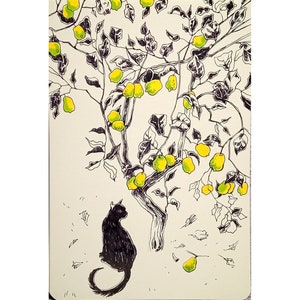 Lemon Tree Sketch Art Original Cat Artwork Pen and Ink Drawing  Landscape Sketch Fruit Tree 5.5 by 8 inches by DariaRiabininaSpain