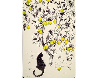 Citronnier Sketch Art Oeuvre d'art originale de chat Dessin à la plume et à l'encre de paysage Croquis d'arbre fruitier de 15 x 20 pouces par DariaRiabininaSpain