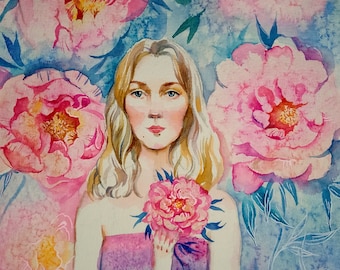 Pink Peony Watercolor Portrait Painting: Original Floral Art (9x11.5 inches)