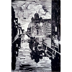 May include: Black and white linocut print depicting a canal scene with buildings, a bridge, and boats. The artwork features a detailed architectural rendering with a focus on light and shadow, creating a dramatic contrast. The style is reminiscent of a woodcut.