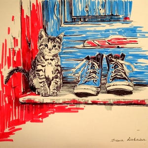 Originele katteninkttekening: leliekunstwerk (9 x 8 inch)