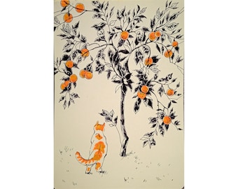 DariaRiabininaSpain, dessin au trait de chat, croquis d'arbre fruitier, oeuvre d'art originale de chat, dessin à la plume et à l'encre, esquisse de paysage de 15 x 20 pouces par DariaRiabininaSpain