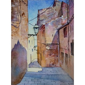 小さなスペインの風景画の水彩画、小さなヨーロッパの旅行画、戸外の