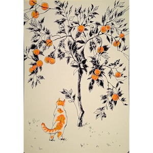 Disegno a inchiostro di un gatto e un albero di arance, opera d'arte originale (5,5x8)