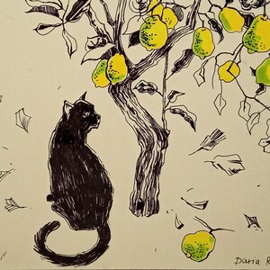 May include: A black cat sits to the left of a tree with yellow lemons. The tree is drawn in black ink and the lemons are filled in with yellow and green. The background is a light beige.