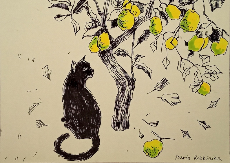 May include: A black cat sits to the left of a tree with yellow lemons. The tree is drawn in black ink and the lemons are filled in with yellow and green. The background is a light beige.