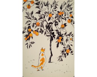 DariaRiabininaSpain, dessin au trait de chat, croquis d'arbre fruitier, oeuvre d'art originale de chat, dessin à la plume et à l'encre, esquisse de paysage de 15 x 20 pouces par DariaRiabininaSpain