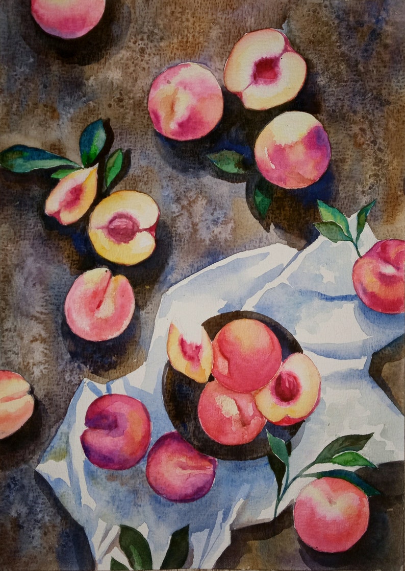 Peach Painting Original Watercolor Still Life Fruit Painting Small Painting 8 by 11.5 inches by DariaRiabininaSpain image 9