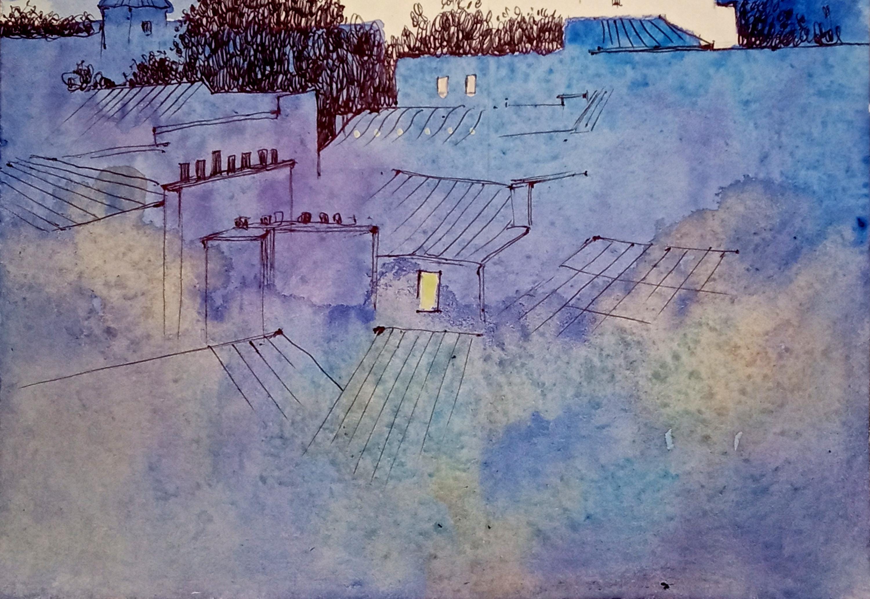 パリ・モンマルトルの水彩画：ペンとインクの風景画（8x11インチ