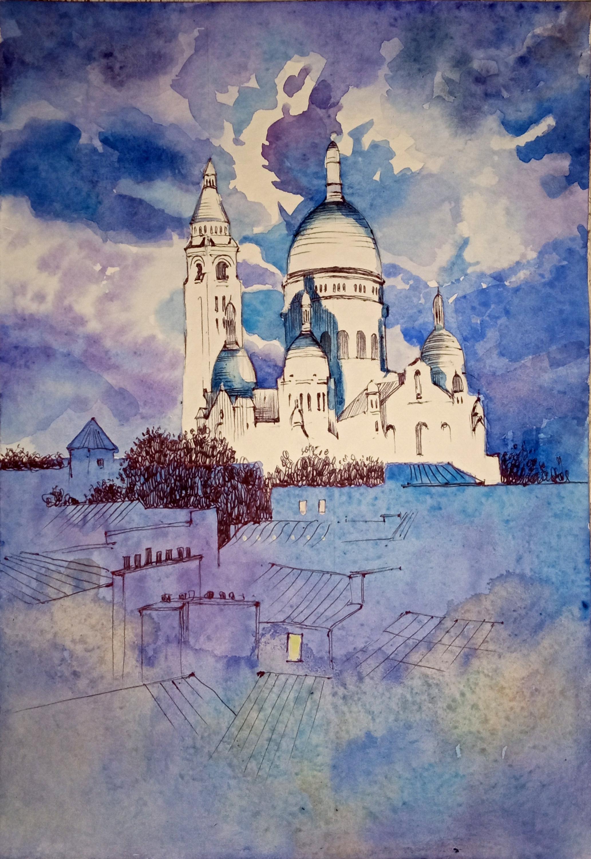 パリ・モンマルトルの水彩画：ペンとインクの風景画（8x11インチ