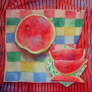 Original Watercolor Watermelon Painting: Still Life Art, 12.5 in