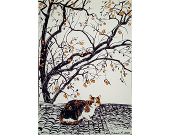 Katze Linie Zeichnung Persimmon Baum Skizze Kunst Originalkunstwerk Feder Zeichnung Landschaft Skizze 14 x 20 cm von DariaRiabininaSpain