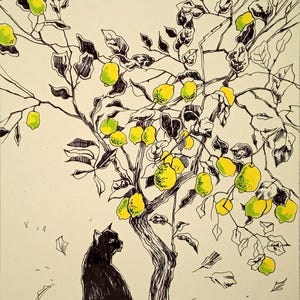 May include: A black cat sits under a lemon tree with green lemons and black branches. The tree is drawn in black ink on a cream background. The artist's signature, "Daria Riabina", is in the bottom right corner.