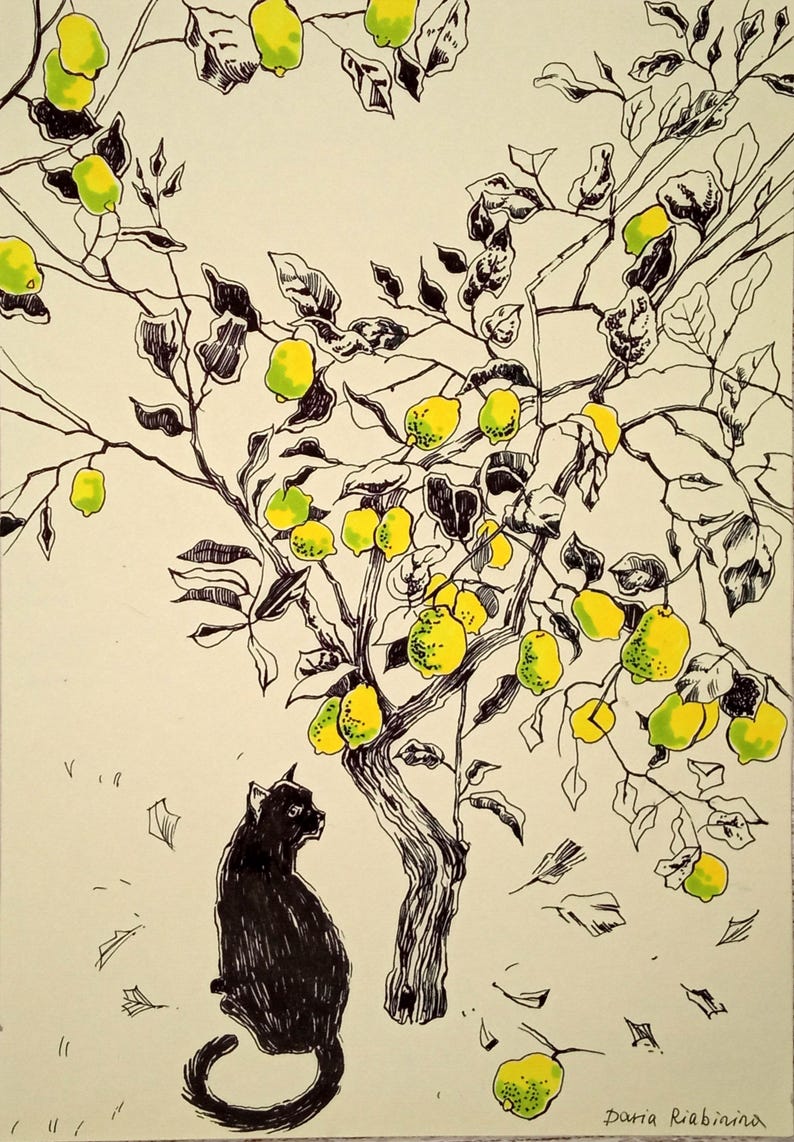 May include: A black cat sits under a lemon tree with green lemons and black branches. The tree is drawn in black ink on a cream background. The artist's signature, "Daria Riabina", is in the bottom right corner.
