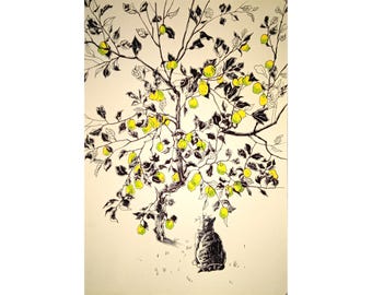 May include: A black and white ink drawing of a cat sitting under a lemon tree with yellow lemons. The cat is looking up at the lemons.