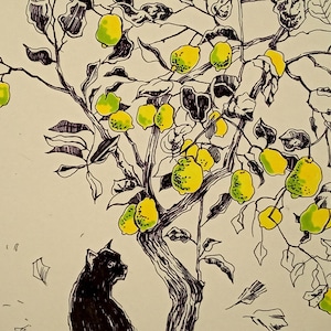 May include: A black cat sits near a lemon tree with green and yellow lemons. The tree is drawn in black ink with a white background.