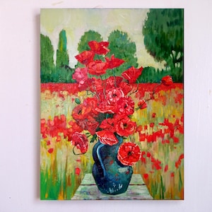 Red Poppy Flowers Painting Original Oil Canvas Wall Art Impasto Painting Still Life Painting 12 by 16 inches by DariaRiabininaSpain