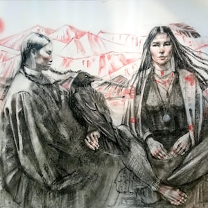 Indians Artwork Original Drawing Historical Portrait Landscape Drawing Black And White Art 27.5 by 19.5 in. by DariaRiabininaSpain