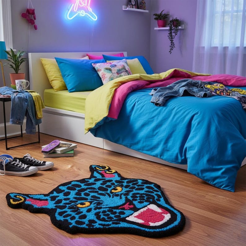 May include: A bedroom scene with a bed featuring blue bedding, yellow and pink accents, and pillows. A blue and black leopard-shaped rug is on the wooden floor. A neon sign and plants add to the room's decor. Sneakers and a small table with items are also visible.