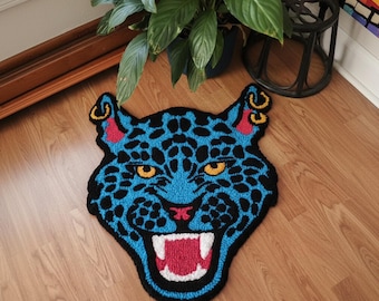 Hand-Tufted New Zealand Wool Rug, Blue Leopard Face Area Rug