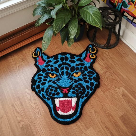 Hand-Tufted New Zealand Wool Rug, Blue Leopard Face Area Rug