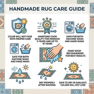 May include: A handmade rug care guide with illustrated instructions. The guide includes icons and text detailing how to maintain the rug's quality, including washing, drying, and sun exposure. The guide emphasizes color retention and longevity.