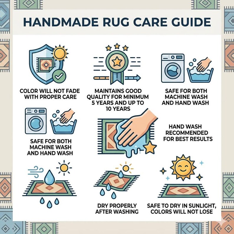 May include: A handmade rug care guide with illustrated instructions. The guide includes icons and text detailing how to maintain the rug's quality, including washing, drying, and sun exposure. The guide emphasizes color retention and longevity.