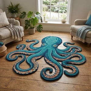 May include: A large, shaped area rug designed as an octopus. The rug features a vibrant teal and blue colour palette with detailed, textured suction cups along the underside of each of the eight curved tentacles, creating a distinct marine-inspired form.